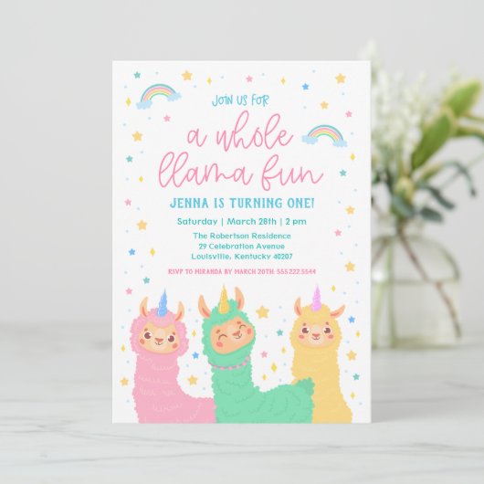 A Whole Llama Fun Rainbow en Stars Birthday Party Kaart (Staand voorkant)