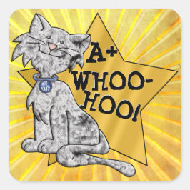 A+ Whoo-Hoo! Grijze Kat, Gouden Ster, Vierkante Be Sticker