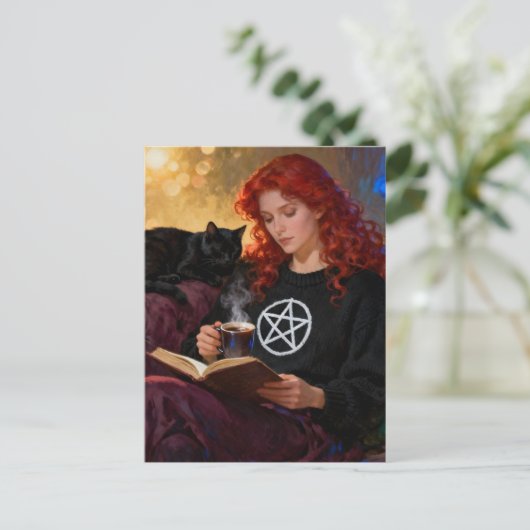 A witch and her cat enjoying tea and a book briefkaart (Staand voorkant)