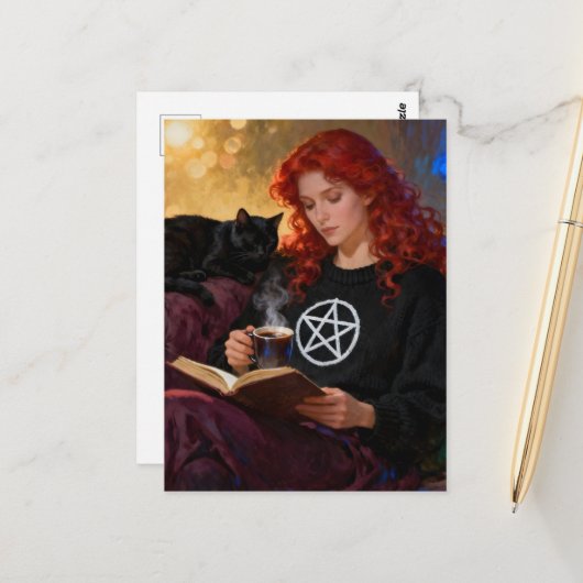 A witch and her cat enjoying tea and a book briefkaart (Voorkant / Achterkant in situ)