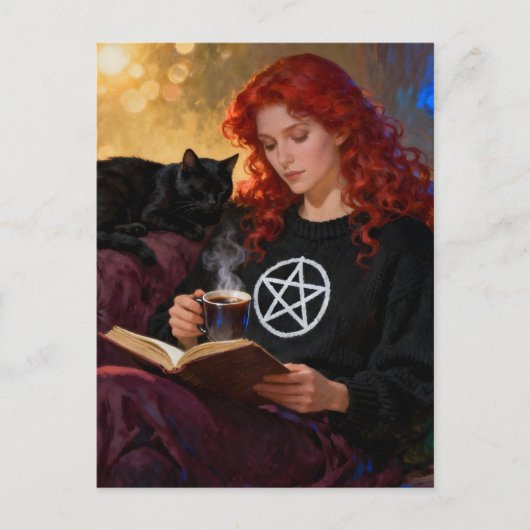 A witch and her cat enjoying tea and a book briefkaart (Voorkant)