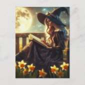 A Witch Reading Near the Daffodils Full Moon Night Briefkaart (Voorkant)