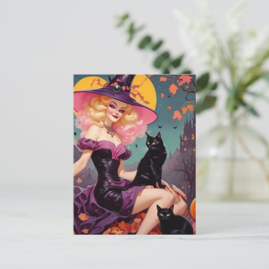 A witch with her black cats briefkaart (Staand voorkant)