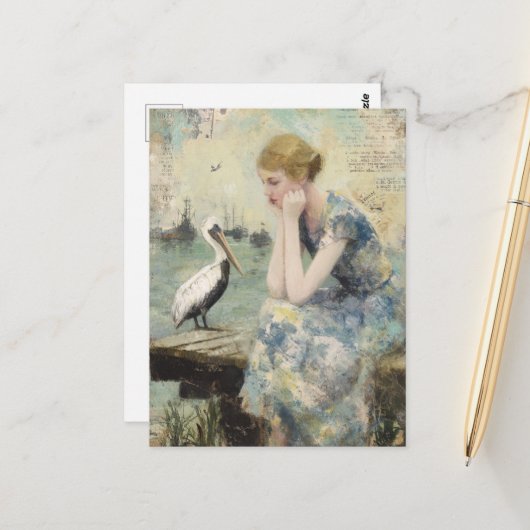 A Woman and a Pelican Mixed Media Collage Briefkaart (Voorkant / Achterkant in situ)