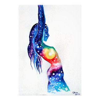 A woman and the universe inside her soul foto afdruk