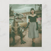 A woman walks her pet T-Rex Briefkaart (Voorkant)