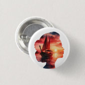 a woman's head enveloping a sunset with a sailboat ronde button 3,2 cm (Voorkant /achterkant)