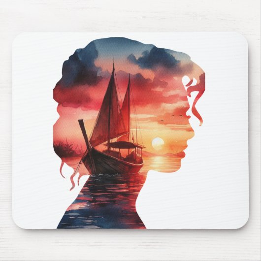 a woman's mask enveloping a sailboat at sunset muismat (Voorkant)