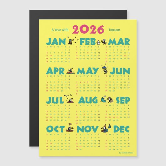 A Year with Toucans: Calendar 2026-Y マグネットカード (Voorkant / Achterkant)