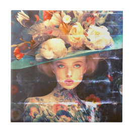 A Young Woman With a Tattooed Body and Bold Hat Tegeltje