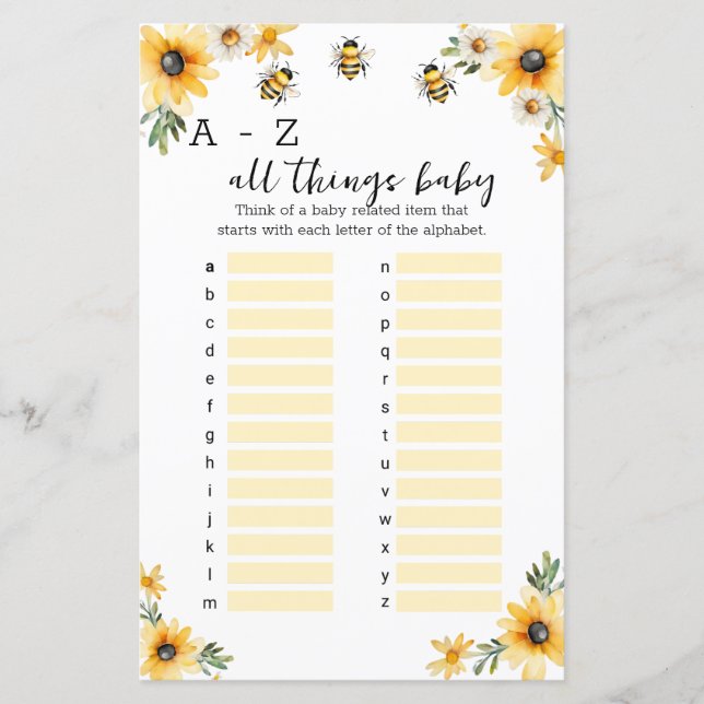 A-Z alle dingen baby shower spel (Voorkant)