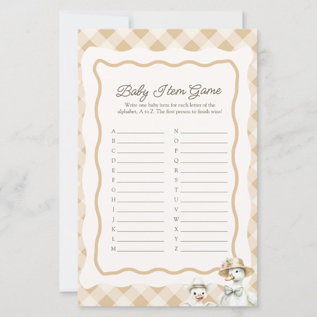 A-Z Baby Items Gingham Goose Baby shower Game (Voorkant)