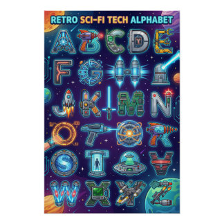 A-Z Retro Scifi Alphabet Perfect Poster