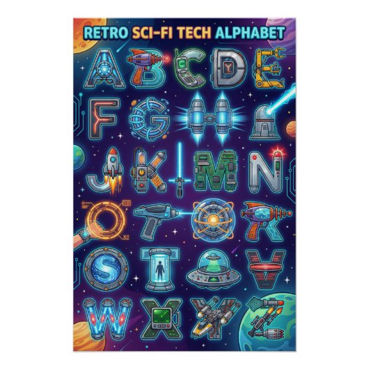 A-Z Retro Scifi Alphabet Perfect Poster (Voorkant)