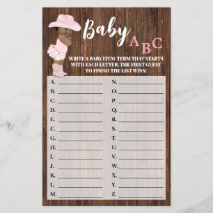 AA Cowgirl Baby ABC Baby shower Game Kaart Flyer
