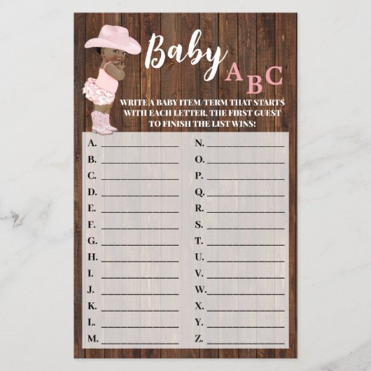 AA Cowgirl Baby ABC Baby shower Game Kaart Flyer (Voorkant)