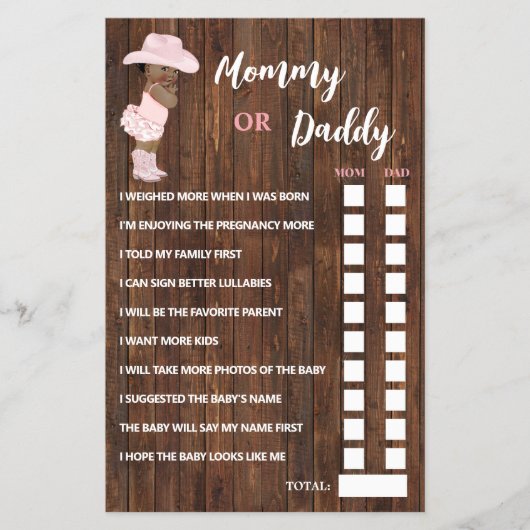 AA Cowgirl mama of papa zei Baby shower spel Kaart (Voorkant)