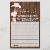 AA Cowgirl Wie ben ik Baby shower Game Kaart Flyer (Voorkant)