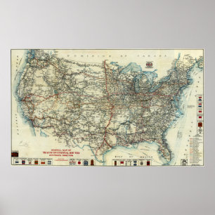 AAA General Map of Transcontinental Routes 1918 Poster