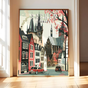 Aachen Duitsland Poster Kunstprint, Stad Retro Vin