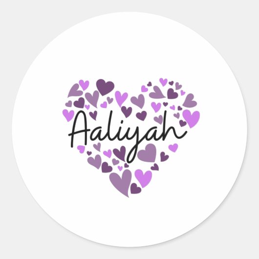 Aaliyah, paarse harten ronde sticker (Voorkant)