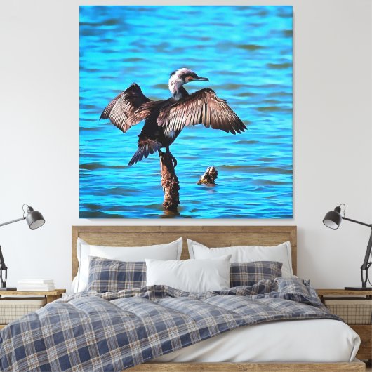 aalscholver met uitspreide vleugels op blauw-water canvas afdruk (Insitu (Slaapkamer))