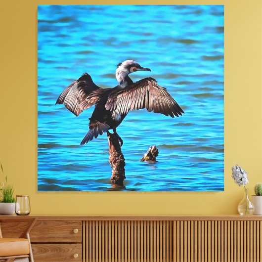 aalscholver met uitspreide vleugels op blauw-water canvas afdruk (Insitu (Woonkamer))