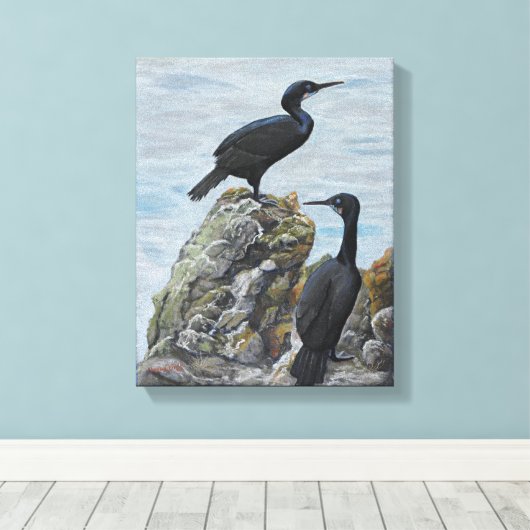 Aalscholvers op rotsen Print op Canvas (Insitu (Houten vloer))