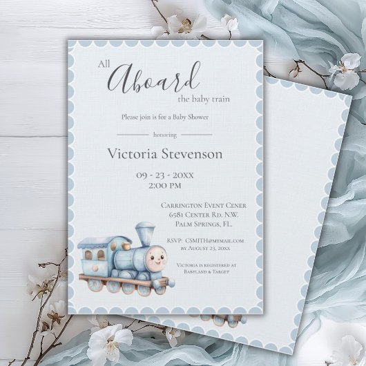 Aan boord van het Baby Train Blue Baby shower