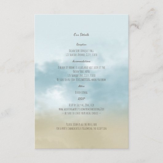 Aan de kust oceaan surf strand bruiloft details informatiekaartje (Voorkant)
