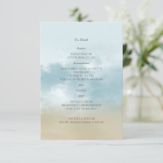 Aan de kust oceaan surf strand bruiloft details informatiekaartje (Staand voorkant)