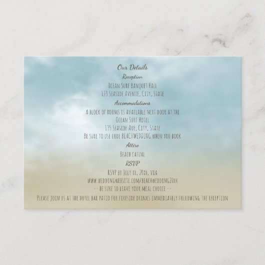 Aan de kust oceaan surf strand bruiloft details informatiekaartje (Voorkant)