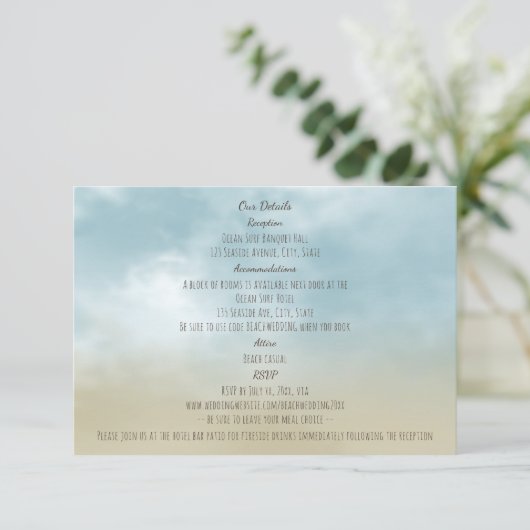 Aan de kust oceaan surf strand bruiloft details informatiekaartje (Staand voorkant)