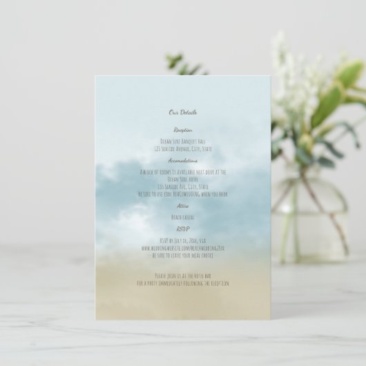 Aan de kust oceaan surf strand bruiloft details informatiekaartje (Staand voorkant)