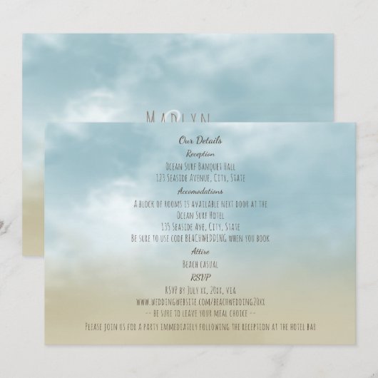 Aan de kust oceaan surf strand bruiloft details notitiekaartje (Voorkant / Achterkant)