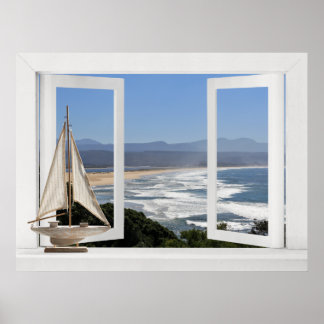 Aan de Oceaan -- Gezicht op open raam met zeilboot Poster