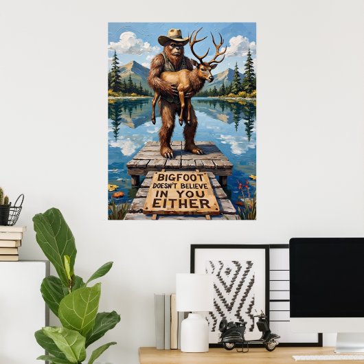 Aan de steiger: een dilemma: Sasquatch en de eland Poster (Thuiskantoor)
