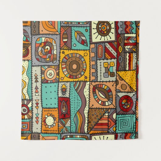 Aan elkaar genaaide stukken stof in patchworkstijl wandkleed (Voorkant (horizontaal))