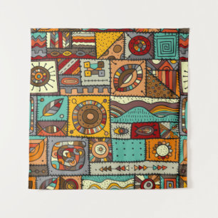 Aan elkaar genaaide stukken stof in patchworkstijl wandkleed