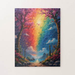Aan het einde van het pad is een regenboogwereld legpuzzel