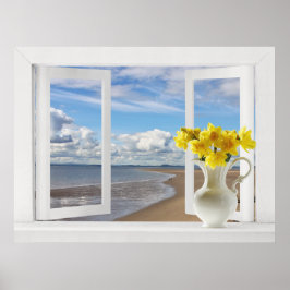 Aan het strand -- Gezicht op open raam met narciss Poster