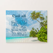 Aan het strand Zegeningen: 1 Petrus 5:7 Bijbelvers Legpuzzel (Horizontaal)