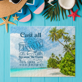 Aan het strand Zegeningen: 1 Petrus 5:7 Bijbelvers Legpuzzel