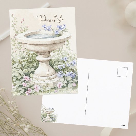 Aan jou denken Waterverf Birdbath in Garden Feestdagenkaart