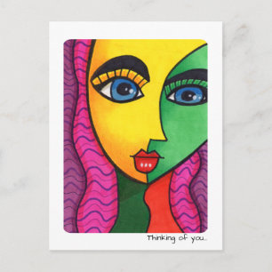 Aan Jou Denkend Kleurrijk Abstract Meisjesgezicht Briefkaart