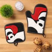 Aan Mr. Redd: Abstract zwart, wit & rood Ovenwant & Pannenlap Set (Top down)