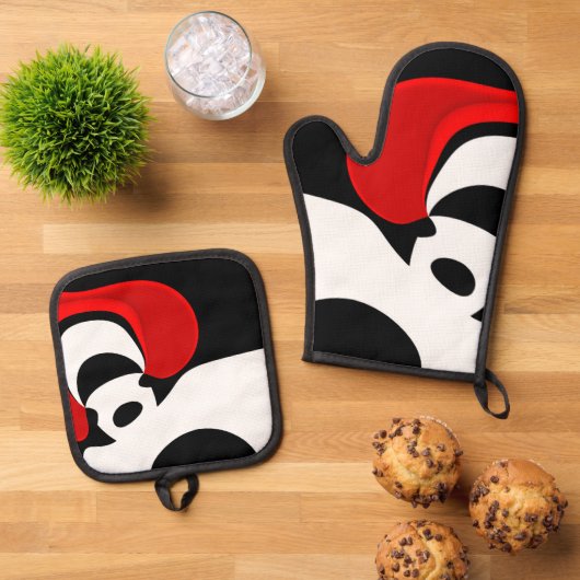 Aan Mr. Redd: Abstract zwart, wit & rood Ovenwant & Pannenlap Set (Top down)