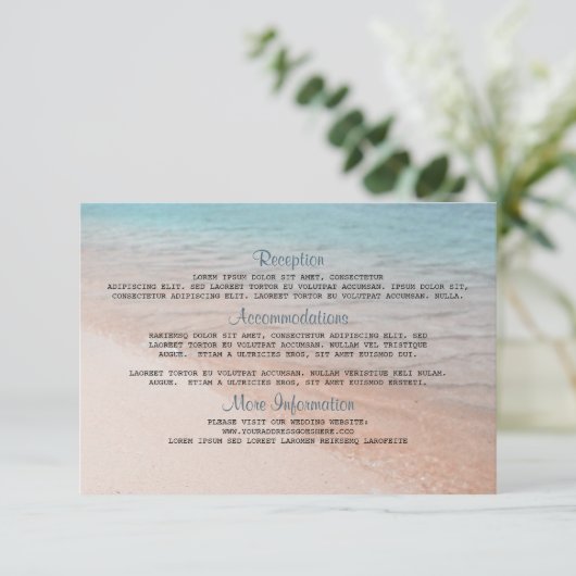 Aan zee bestemming bruiloft details informatiekaartje (Staand voorkant)