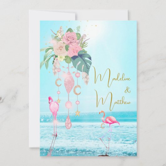 Aan zee Flamingo's Blauwe Juwelen Bruiloft Kaart (Achterkant)