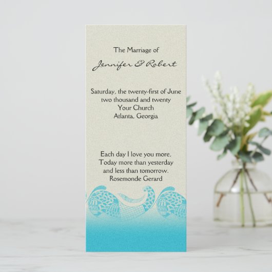 Aan zee in Zand en Aqua Trouwprogramma Programmakaart (Staand voorkant)